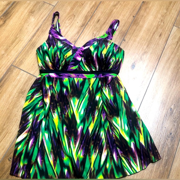 NWOT Rare Septangle V Neck Jeweltone One Piece Swimsuit Slimming Swimdress Sz 14 - Picture 1 of 9